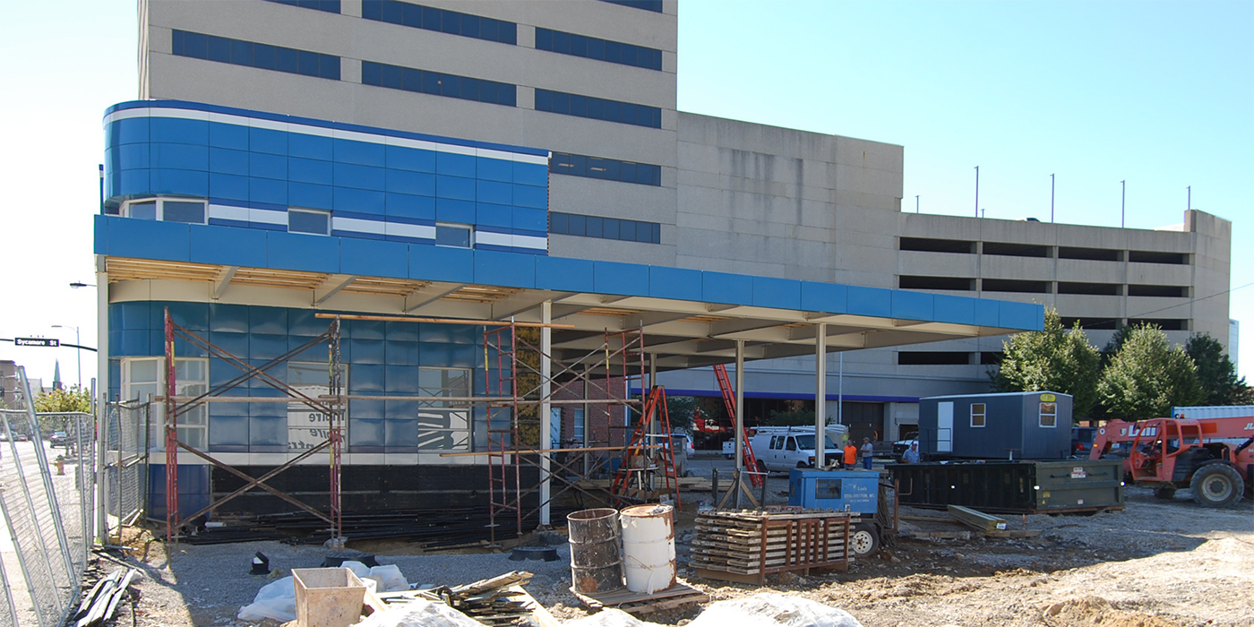Bru Burger construction at Evansville Greyhound Station