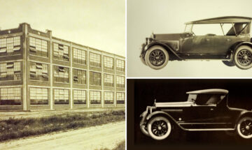 LaFayette Motors Company factory, 1921 (left); 1921 LaFayette Touring Car (top right); 1921 LaFayette Roadster (bottom right). Courtesy Ralph Gaebler.