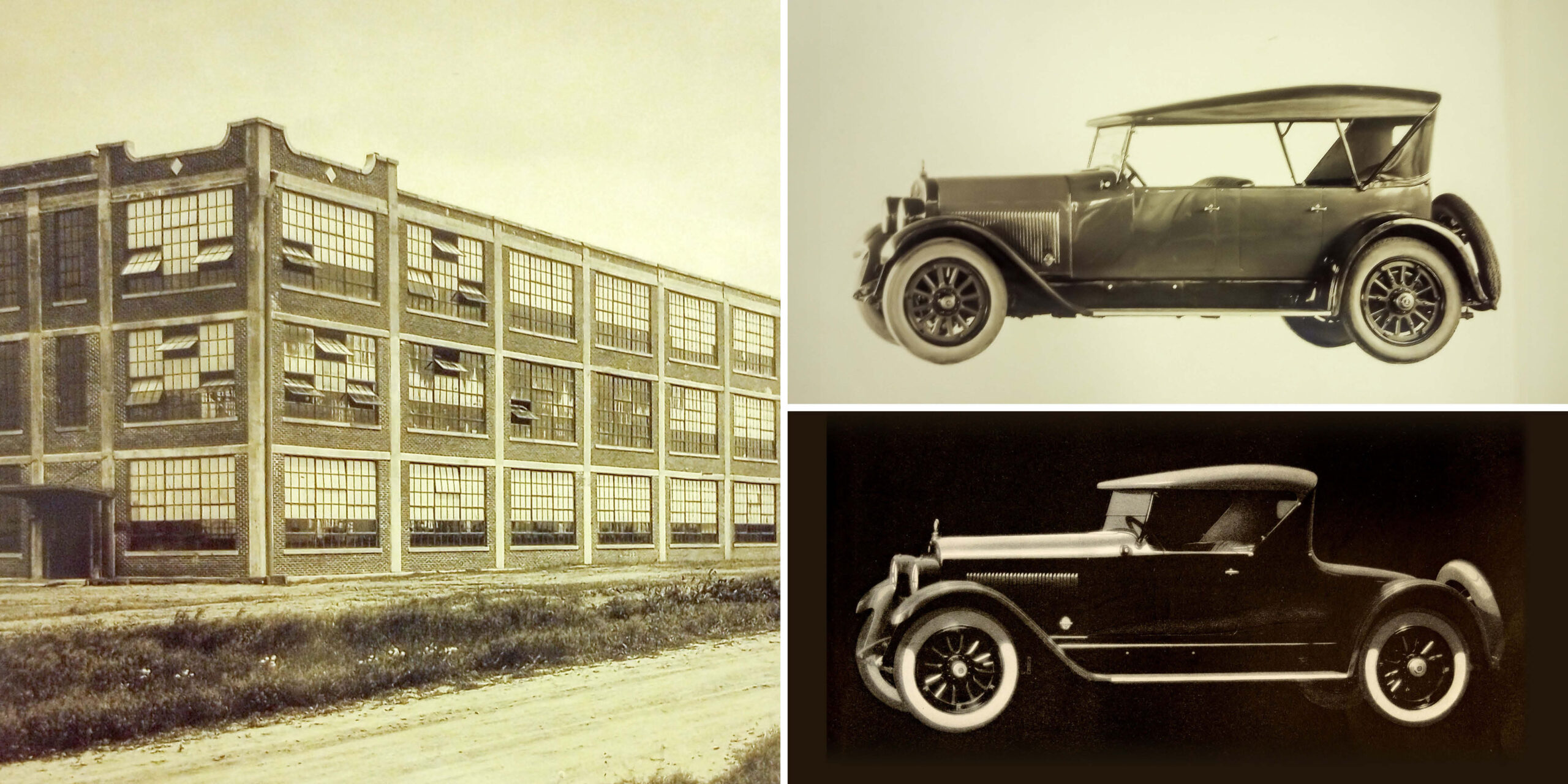 LaFayette Motors Company factory, 1921 (left); 1921 LaFayette Touring Car (top right); 1921 LaFayette Roadster (bottom right). Courtesy Ralph Gaebler.